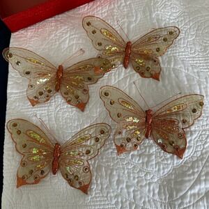 Set of 4 Shimmering Butterfly Ornaments Glitter Wire Decor